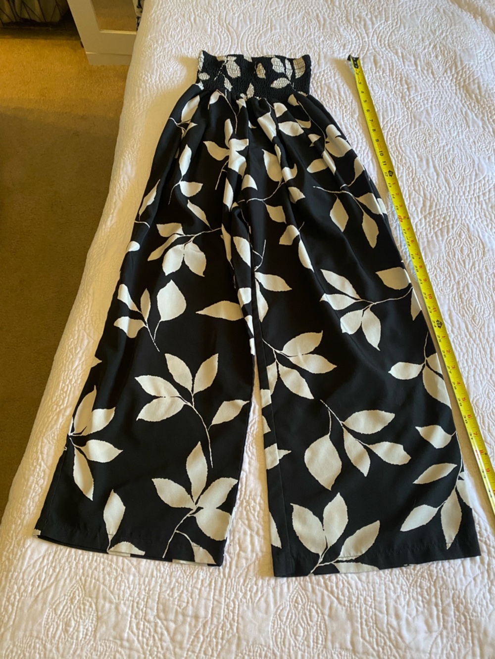 Black Wide-Leg Palazzo Pants with Cream Leaf Print